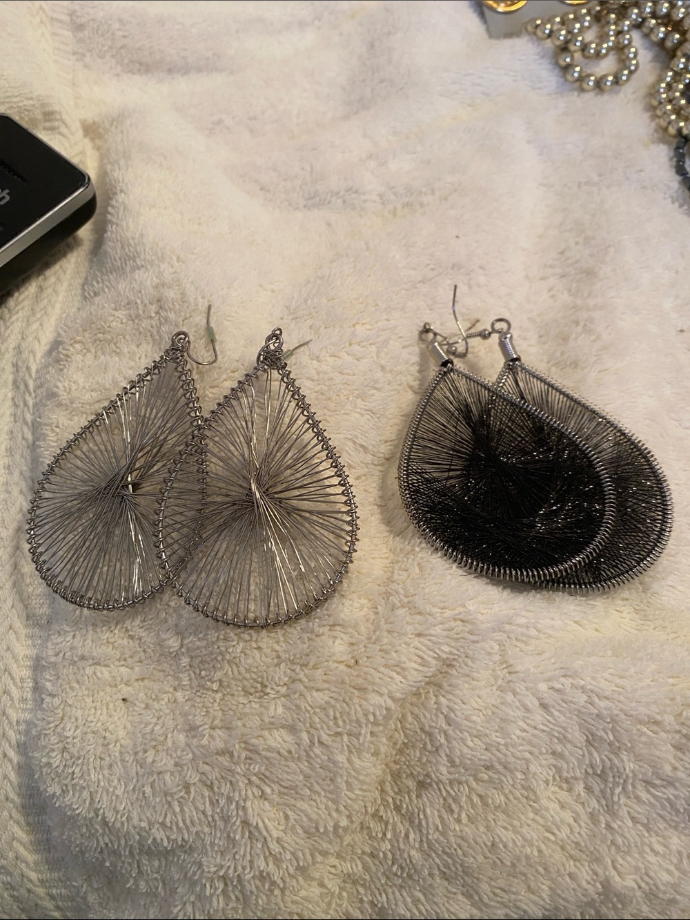 Teardrop Wire Thread Earrings in Silver and Black